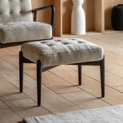 Cream Fabric Buttoned Footstool with Dark Oak Frame