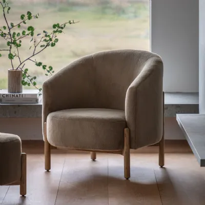 Khaki Green Fabric Curved Back Armchair Wooden Framed