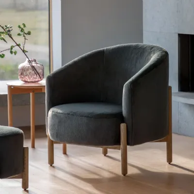 Graphite Fabric Curved Back Armchair with Wooden Legs
