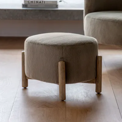 Alaska Khaki Fabric Round Footstool Wooden Base
