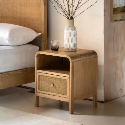 Natural Oak Rattan Front 1 Drawer Bedside Table with Shelf