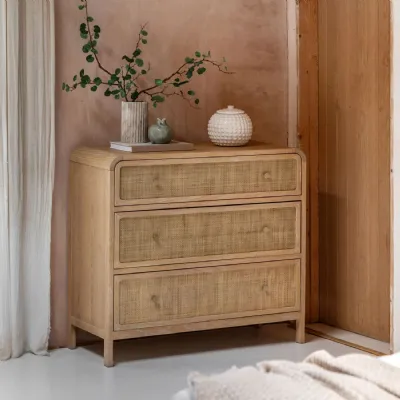 Natural Oak Curved Top Chest of 3 Rattan Drawers