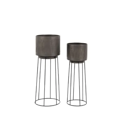 Pewter Aluminium Indoor Planters Set of 2 with Raised Base