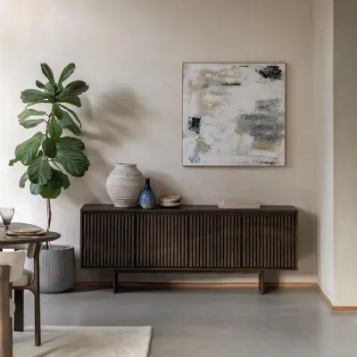 Walnut Oak 4 Door Wide Sideboard with Slatted Wave Pattern