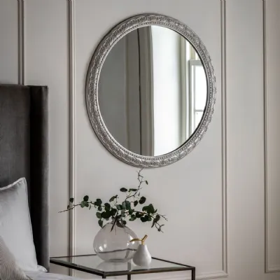 Silver Grey Wood Round Wall Mirror Carved Gesso Frame
