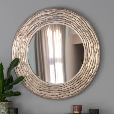 Champagne Textured Round Wall Mirror Metallic Leaf Finish