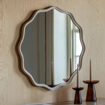 Smoke Wooden Round Wall Mirror Wave Framed