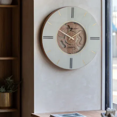 Oak Cog Design Round Analog Wall Clock with Gold Accents
