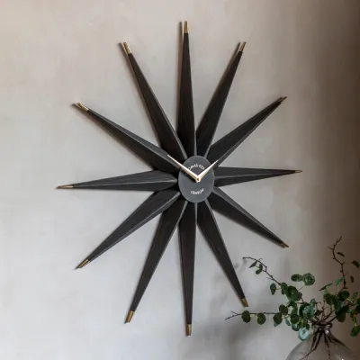 Warm Grey Textured Wood Finish Starburst Wall Clock