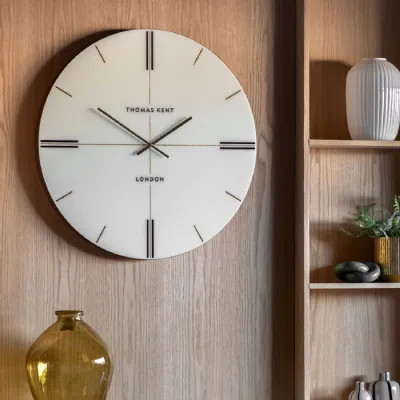 White Wood Glass Front Round Wall Clock Gold Accent