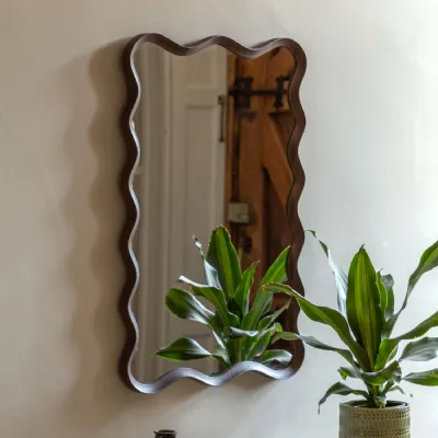 Walnut Texture Wooden Wall Mirror Wavy Frame