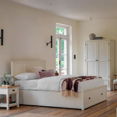 White Wood 1 Drawer Double Storage Bed Panelled Headboard