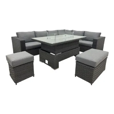 Homely Rattan Corner Rising Dining Set with Fire Pit in Grey