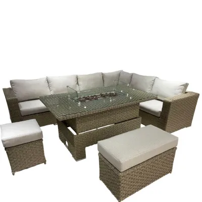 Homely Rattan Corner Rising Dining Set with Fire Pit in Natural