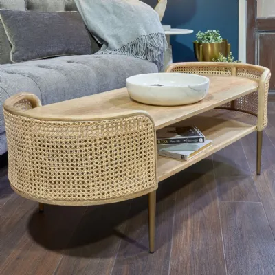 Brown Wood Rattan Detailed Coffee Table with Gold Metal Legs