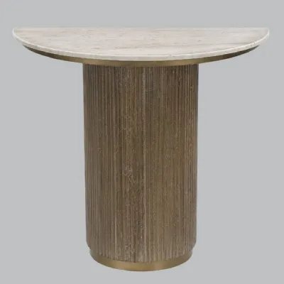 Neutral Marble Top Console Table with Brown Wooden Base