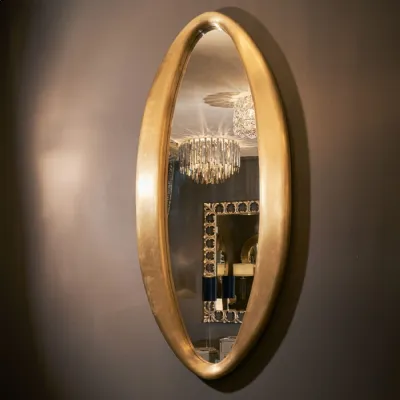 Brass Metal and Wood Oval Shaped Wall Mirror