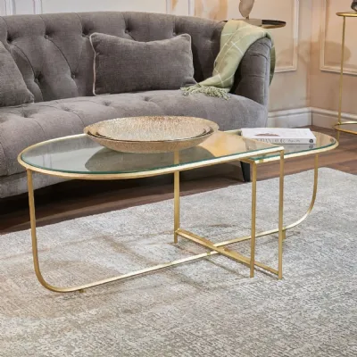 Clear Glass Set of 2 Nest of Side Tables Brass Metal Frame