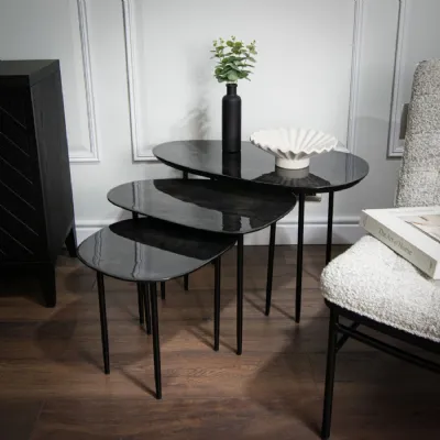 Black Gloss Wooden Top Nest of 3 Tables with Metal Legs
