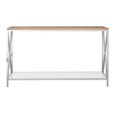 Polished Stainless Steel Mirrored Wood Top Console