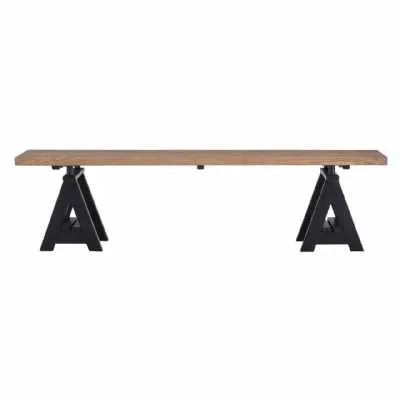 Industrial Weathered Antique Pine Bench Black Iron Trestles