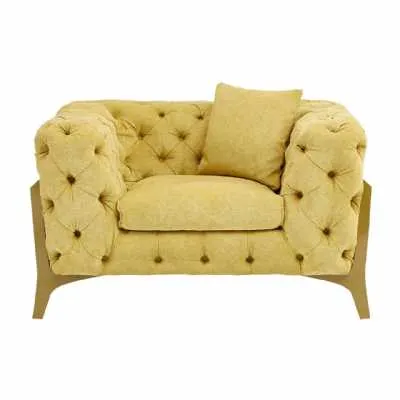 Esme Yellow Fabric Deep Buttoned Armchair With Gold Finish Metal Legs