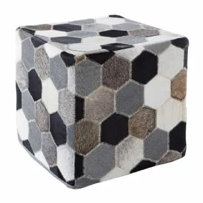 Modern Cowhide Leather Black White Grey Patchwork Pouffe