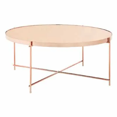 Modern Pink Mirrored Glass Top Rose Gold Round Coffee Table