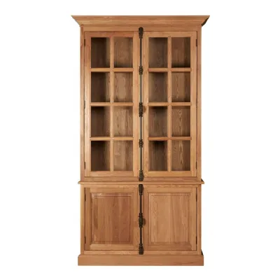 Rustic Oak Wood 2 Glass Door Display Cabinet