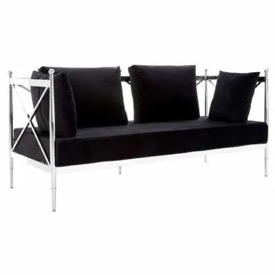 Modern 2 Seater Black Fabric Upholstered Silver Lattice Arms Sofa
