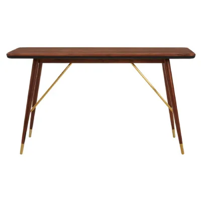 Walnut Wood Leather Trim Brass Accent Console