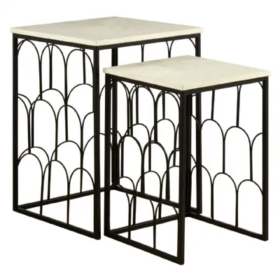 Art Deco Templar Set Of 2 Marble Tops Side Tables On Black Metal Bases