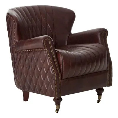 Brown Leather Diamond Quilted Stud Armchair