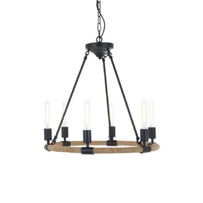 Industrial Iron Frame Linen Rope 6 Bulb Chandelier
