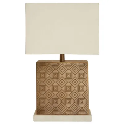 Geometric Marble Base White Fabric Shade Table Lamp