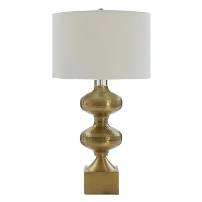 Brass Square Textured Base White Fabric Shade Table Lamp