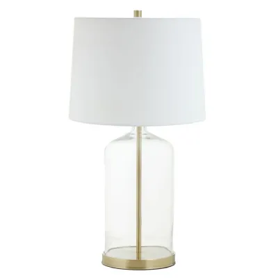 Glass Metal Frame White Shade Brass Base Table Lamp