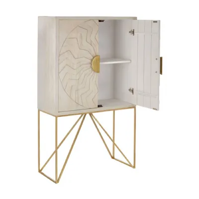 Tribal Style Whitewash Cabinet On A Brass Finish Base