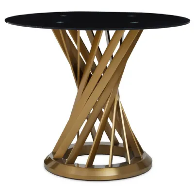Gold Twisted Base Round Black Glass Top Dining Table