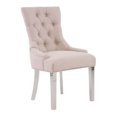Natural Velvet Button Back Dining Chair With Steel Legs