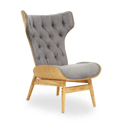 Mid Century Winged Back Grey Velvet Chair
