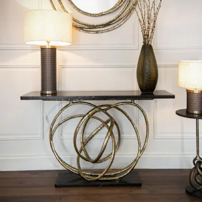 Black Granite Console Table with Brass Metal Intricate Base