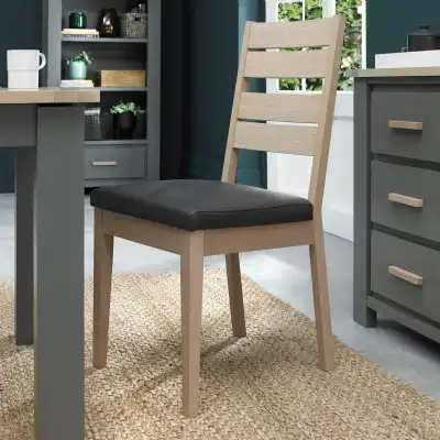 Pair of Scandi Oak Dining Chairs Grey Leather Seat