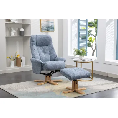 Marine Blue Fabric Swivel Recliner with Footstool Oak Base