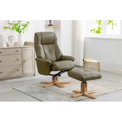 Olive Green Leather Effect Recliner with Footstool Oak Base