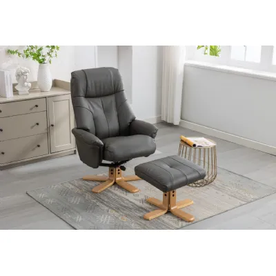 Cinder Leather Effect Recliner with Footstool Oak Base