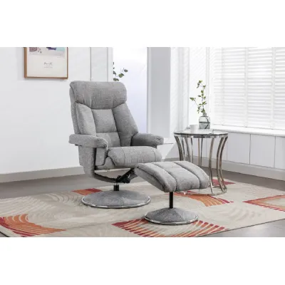Grey Fabric Swivel Recliner And Footstool Chrome Trimmed
