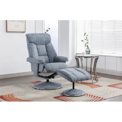 Marine Blue Fabric Swivel Recliner and Footstool Chrome Trim