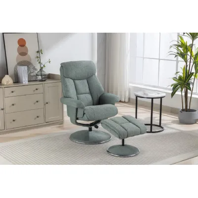 Teal Fabric Swivel Recliner With Footstool Chrome Trimmed