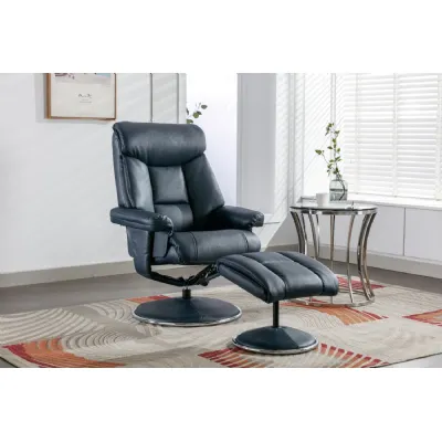 Navy Blue Leather Effect Recliner With Footstool Chrome Trim